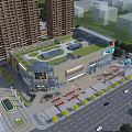 Modern Urban Commercial Street Landscape With Tall Buildings Green Roof Plaza Trees And Vehicles