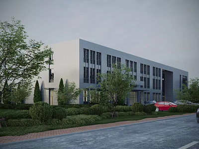 Modern Industrial Factory Building Exterior With Large Windows Landscaping Trees Shrubs Road And Red Car 3d model