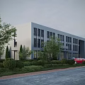 Modern Industrial Factory Building Exterior With Large Windows Landscaping Trees Shrubs Road And Red Car