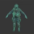 Tactical Operative In Blue Uniform With Helmet Protective Gear And Backpack