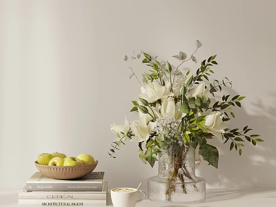 Decorative Ornament Set Featuring White Roses Green Leaves Transparent Vase Green Apples Books Coffee Cup 3d model