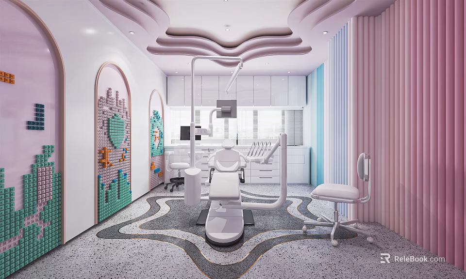 Modern Dental Clinic Interior With Pink Decor Wavy Ceiling Colorful Mosaic Walls And Dental Chair 3d model 