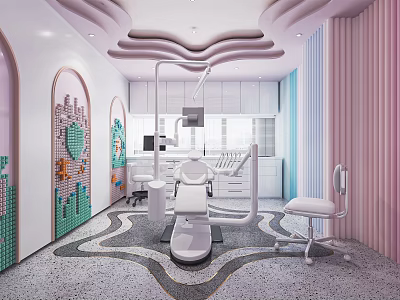 Modern Dental Clinic Interior With Pink Decor Wavy Ceiling Colorful Mosaic Walls And Dental Chair 3d model