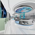 Modern Tech Exhibition Hall Interior With Circular Display Counters Illuminated Edges And Large Screens