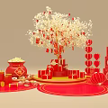 Chinese New Year Festive Decoration With Golden Tree Red Lanterns Fortune Boxes And Gold Ingots