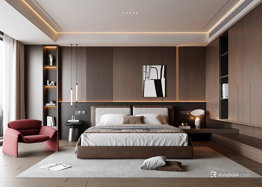 Elegant Modern Bedroom Interior With Wooden Accent Wall Abstract Art Red Armchair And Area Rug 3d model 