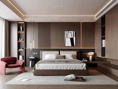 Elegant Modern Bedroom Interior With Wooden Accent Wall Abstract Art Red Armchair And Area Rug 3d model