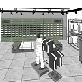 Clothing Store Interior With Hanging Garments On Racks Person Selecting Display Shelves