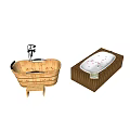 Wooden Bathtubs Featuring Oval With Shower Step Stool And Rectangular With Blue Water Decorations 3d model