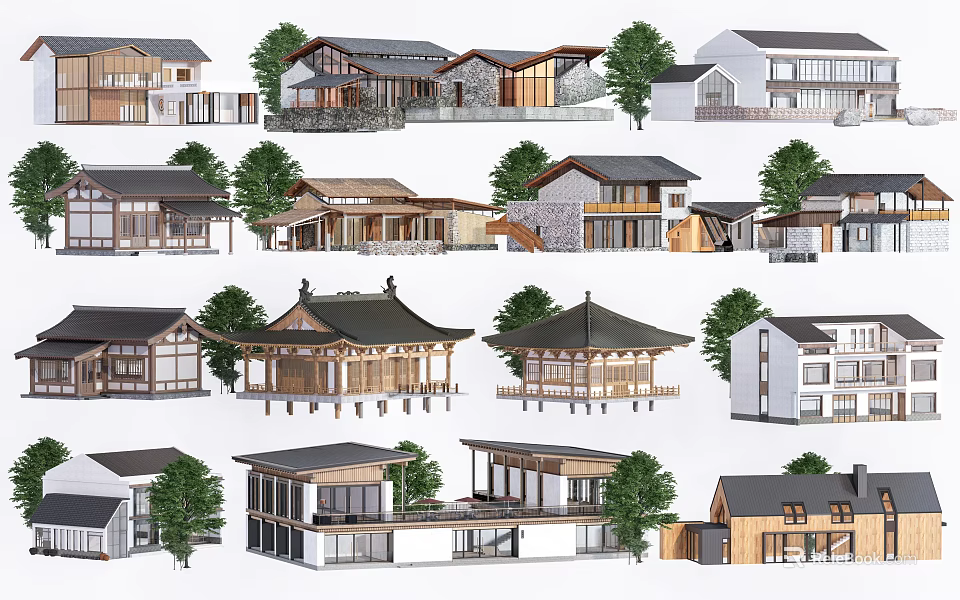 Traditional Ancient Architecture With Various Styles And Wooden Structures Surrounded By Green Trees 3d model 