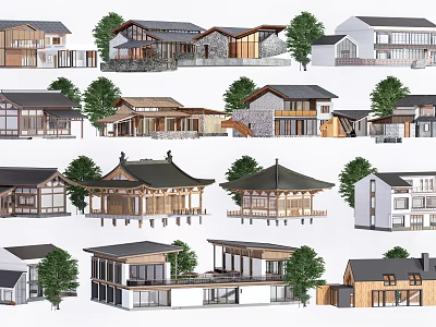 Traditional Ancient Architecture With Various Styles And Wooden Structures Surrounded By Green Trees 3d model