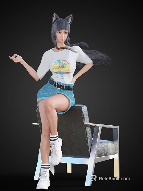 Woman Sitting On Black Chair Wearing White Graphic T shirt Blue Denim Shorts And White Sneakers 3d model 