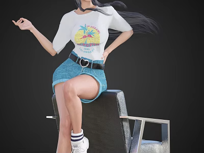 Woman Sitting On Black Chair Wearing White Graphic T shirt Blue Denim Shorts And White Sneakers 3d model