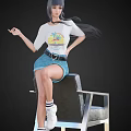 Woman Sitting On Black Chair Wearing White Graphic T shirt Blue Denim Shorts And White Sneakers