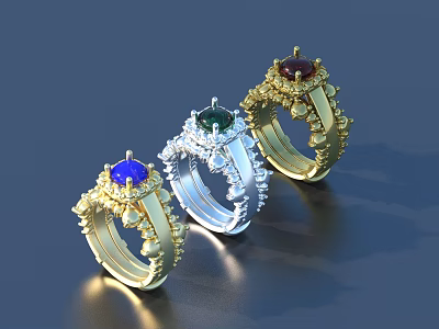 Exquisite Gemstone Rings with Gold Silver Settings Blue Green Red Stones and Ornate Design 3d model