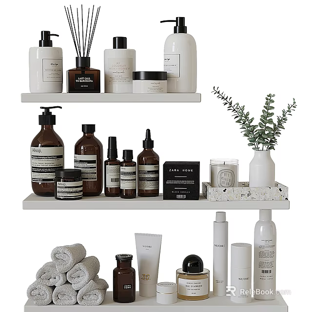 Stylish Bathroom Accessories With Bottles Towels Plants And Storage Shelves On Shelves 3d model 