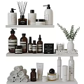 Stylish Bathroom Accessories With Bottles Towels Plants And Storage Shelves On Shelves