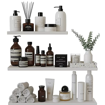 Stylish Bathroom Accessories With Bottles Towels Plants And Storage Shelves On Shelves 3d model