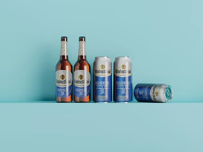 Refreshing Beer Bottles And Cans On Light Blue Background With One Can Tilted 3d model