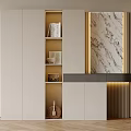 Modern Entryway Cabinet Sideboard Design With Marble Backdrop Open Shelves And LED Lighting