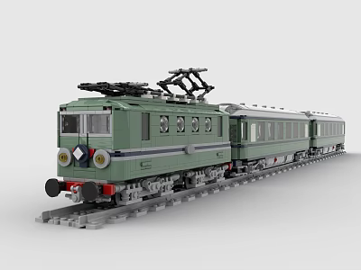 Green Brick Classic Electric Train Locomotive with Carriages Windows and Pantograph 3d model