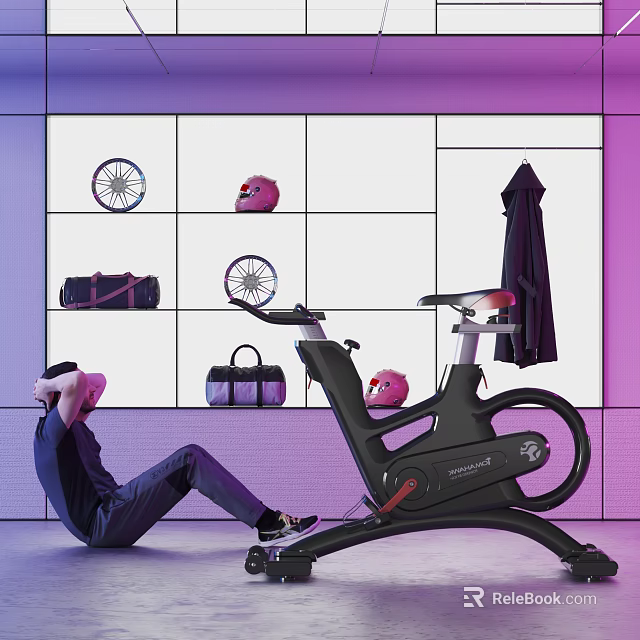 Organized Sports Equipment Setup With Stationary Bike Helmets Sports Bags And Wheels 3d model 