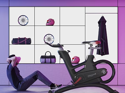 Organized Sports Equipment Setup With Stationary Bike Helmets Sports Bags And Wheels 3d model