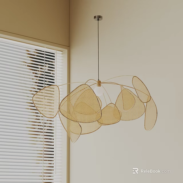 Modern Woven Rattan Chandelier With Irregular Petal Shapes In Minimalist Room 3d model 