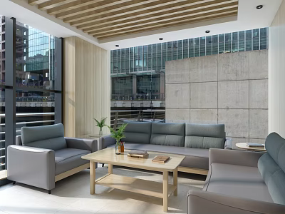 Hotel Public Lounge Area With Gray Sofas Wooden Coffee Table Large Windows And City Views 3d model