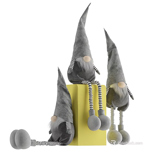 Gray Plush Dolls with Pointed Hats Striped Sleeves sitting on Yellow Block 3d model 
