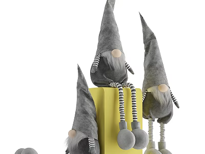 Gray Plush Dolls with Pointed Hats Striped Sleeves sitting on Yellow Block 3d model