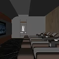 SPA Sauna Interior with Brown Recliners White Cushions Large Screen TV Decorative Ceiling Striped Wall