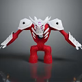 Red And White Robot Character Model With Armored Shoulders Spiked Head Purple Chest Emblem