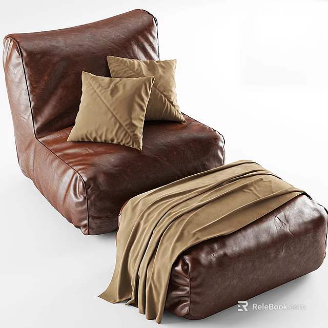 Brown Leather Single Sofa With Pillows Ottoman And Cozy Blanket 3d model