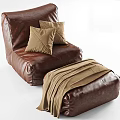 Brown Leather Single Sofa With Pillows Ottoman And Cozy Blanket 3d model
