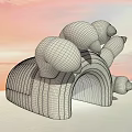 Outdoor Activity Passage Curved Black Structure With Green Panel Red Details And Sunset Sky