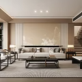 Modern Chinese Style Living Room Interior With Sofa Coffee Table Staircase And Wall Art