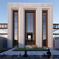 Elegant Modern Sales Office Building With Symmetrical Facade Large Glass Windows And Stone Walls