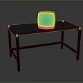 Vintage Computer Monitor With Blue Screen Placed On Black Office Desk Setup