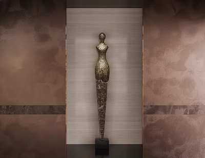 Golden Female Figure Metal Sculpture Carving Standing On Black Base With Textured Wall Background 3d model