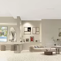 Modern Bridal Shop with White Wedding Dress Display Beige Curtains Wall Art And Round Tables