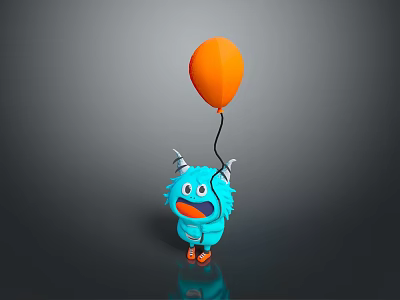 Game Movie Character Blue Little Monster With Horns Holding Orange Balloon Cheerful Expression 3d model