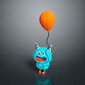 Game Movie Character Blue Little Monster With Horns Holding Orange Balloon Cheerful Expression