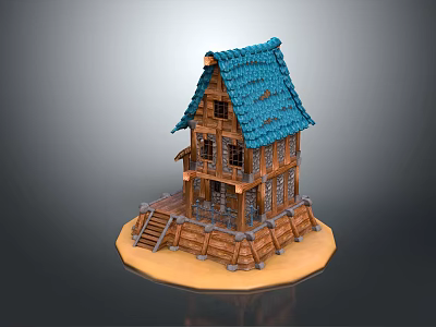 Wooden Cottage Model With Blue Tiled Roof Windows Stairs And Fence Base 3d model