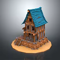 Wooden Cottage Model With Blue Tiled Roof Windows Stairs And Fence Base