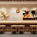 Casual Dining Restaurant With Orange Signage Pendant Lights Wooden Counter And Seating Area