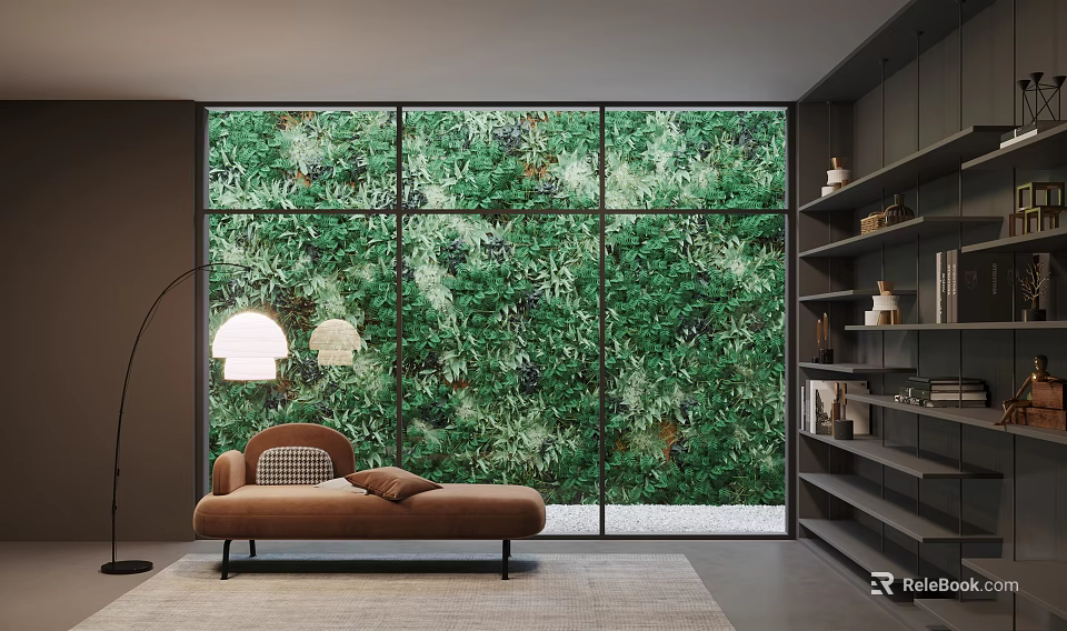 Serene Study Room With Large Window Green Plant Wall Bookshelves Brown Bench And Floor Lamp 3d model 