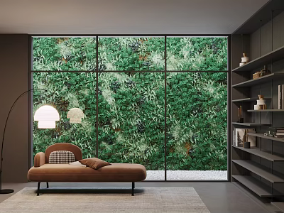 Serene Study Room With Large Window Green Plant Wall Bookshelves Brown Bench And Floor Lamp 3d model