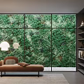 Serene Study Room With Large Window Green Plant Wall Bookshelves Brown Bench And Floor Lamp