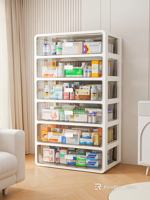 Home Storage Cabinet With Transparent Doors Organizing Various Medicines And Supplies 3d model 